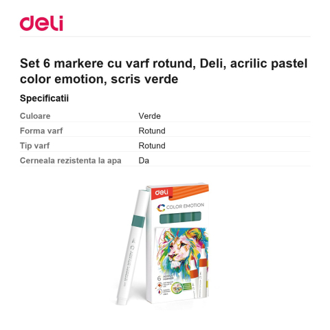 Set 6 markere cu varf rotund, Deli, acrilic pastel color emotion, scris verde [2]
