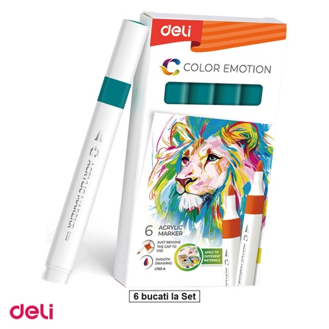 Handmade Creativ si Hobby - Set 6 markere cu varf rotund, Deli, acrilic turcoaz color emotion, scris verde