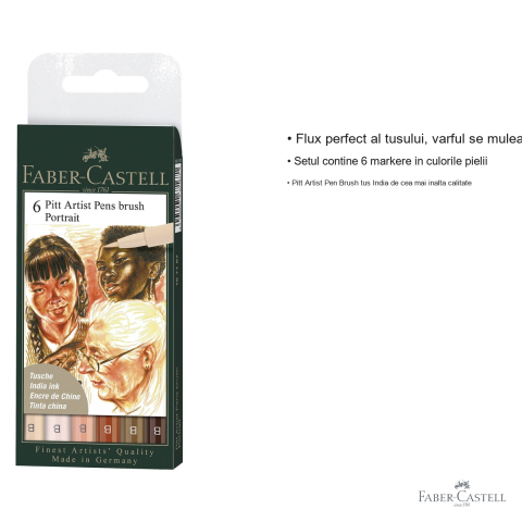 Set 6 markere Faber-Castell Pitt Artist Pen Brush, tus India, culori portret pentru schite si ilustratie [2]