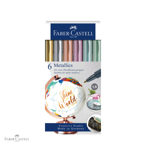 Birotica papetarie - Set 6 markere metalice Faber-Castell, efect metalic nobil, pentru suprafete inchise si lucioase