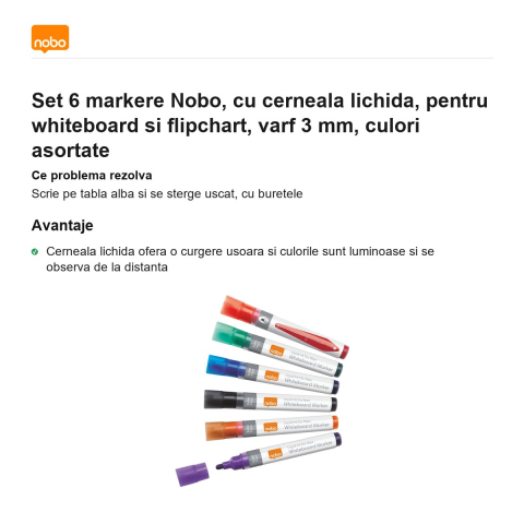 Set 6 markere Nobo, cu cerneala lichida, pentru whiteboard si flipchart, varf 3 mm, culori asortate [1]