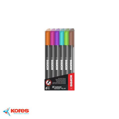 Instrumente de scris - Set 6 markere permanente Kores, varf 1mm, culori intense, pentru toate suprafetele