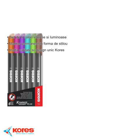 Set 6 markere permanente Kores, varf 1mm, culori intense, pentru toate suprafetele [2]