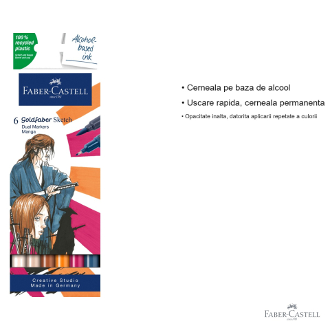 Set 6 markere sketch Faber-Castell Goldfaber, 2 capete (pensula + fineliner), pentru manga si desen artistic [2]