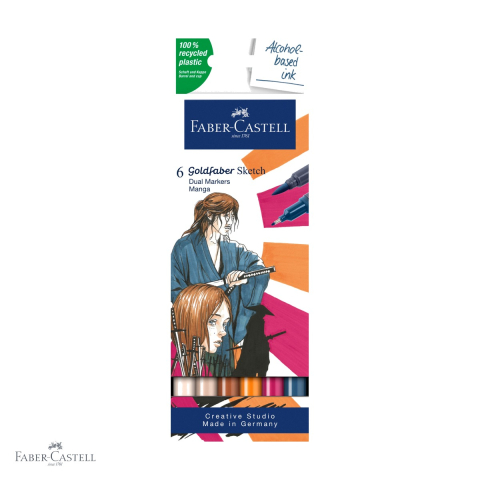 Markere si instrumente de desen artistic - Set 6 markere sketch Faber-Castell Goldfaber, 2 capete (pensula + fineliner), pentru manga si desen artistic