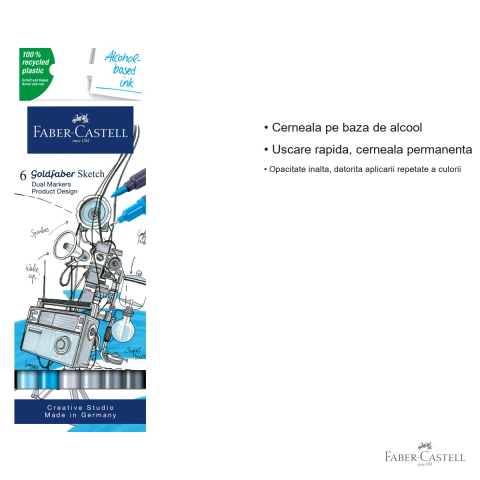 Set 6 markere sketch Faber-Castell Goldfaber, doua capete pensula si fineliner, pentru desen si design [2]