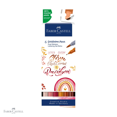 Markere si instrumente de desen artistic - Set 6 markere solubile cu 2 capete Faber-Castell Goldfaber Boho, varf pensula si varf fin, pentru desen si ilustratie