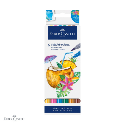 Markere si instrumente de desen artistic - Set 6 markere solubile cu 2 capete Faber-Castell Goldfaber, colectia Tropical, pentru pictura artistica si desen