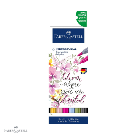 Markere si instrumente de desen artistic - Set 6 markere solubile cu 2 capete Faber-Castell Goldfaber Lettering, varf pensula si varf fin, pentru desen si caligrafie