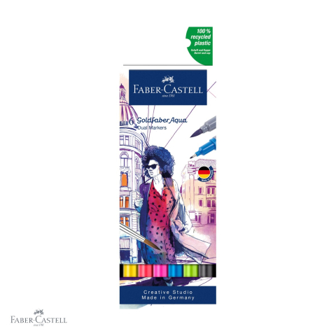 Markere si instrumente de desen artistic - Set 6 markere solubile cu 2 capete Faber-Castell Goldfaber, varf pensula si varf fin, culori de baza