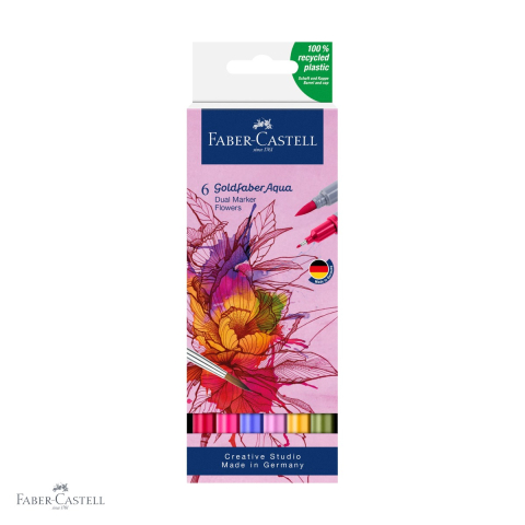 Markere si instrumente de desen artistic - Set 6 markere solubile cu 2 capete Faber-Castell Goldfaber, varf pensula si varf fin, motiv flori