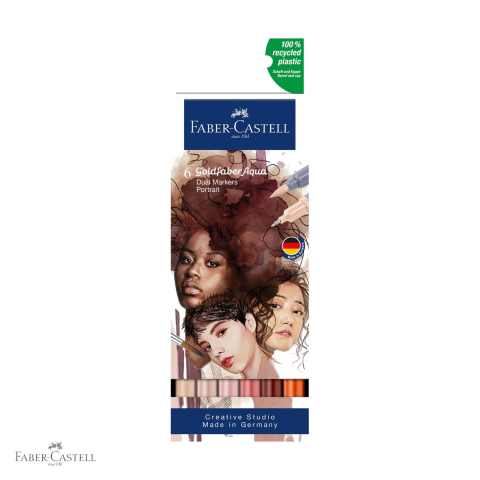 Markere si instrumente de desen artistic - Set 6 markere solubile cu 2 capete Faber-Castell Goldfaber, varf pensula si varf fin, pentru desen si portret