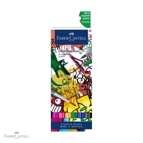 Markere si instrumente de desen artistic - Set 6 markere solubile cu 2 varfuri Faber-Castell Goldfaber Graffiti, varf pensula si varf fin 0.4 mm, pentru desen si ilustratie