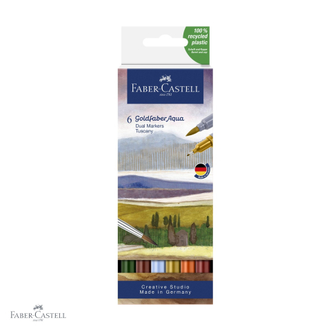 Markere si instrumente de desen artistic - Set 6 markere solubile cu doua varfuri Faber-Castell Goldfaber Toscana, varf pensula si varf fin, pentru desen si ilustratie