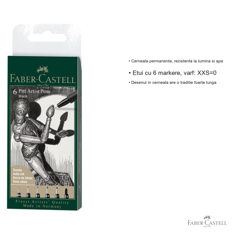 Set 6 markere tehnice Faber-Castell Pitt Artist Pen, cerneala permanenta rezistenta la apa, pentru desen si ilustratie [2]