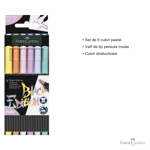 Set 6 markere tip pensula Faber-Castell Black Edition, culori pastel stralucitoare, pentru desen si ilustratie [2]
