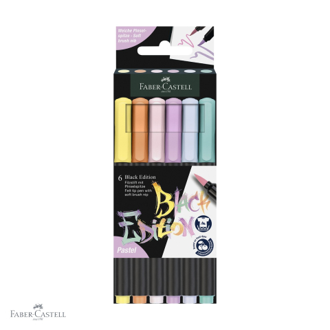 Markere si instrumente de desen artistic - Set 6 markere tip pensula Faber-Castell Black Edition, culori pastel stralucitoare, pentru desen si ilustratie