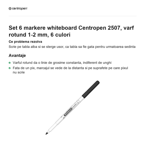 Set 6 markere whiteboard Centropen 2507, varf rotund 1-2 mm, 6 culori [1]