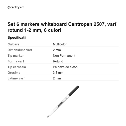 Set 6 markere whiteboard Centropen 2507, varf rotund 1-2 mm, 6 culori [2]