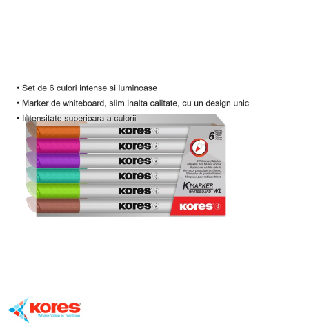 Set 6 markere whiteboard slim Kores, culori intense, stergere usoara, pentru table albe [2]