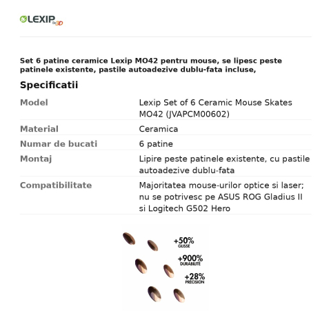 Set 6 patine ceramice Lexip MO42 pentru mouse, se lipesc peste patinele existente, pastile autoadezive dublu-fata incluse, JVAPCM00602 [2]
