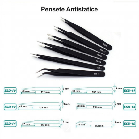 Set 6 pensete, antistatice, cu varf ascutit, plat si curbat in unghi, lungimi 112 - 132 mm [4]