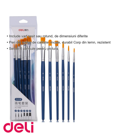 Set 6 pensule pictura Deli, varf tesit si rotund, peri nailon moale, pentru acrilice, acuarela si ulei [2]