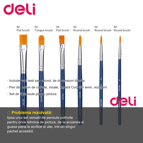 Set 6 pensule pictura Deli, varf tesit si rotund, peri nailon moale, pentru acrilice, acuarela si ulei [1]