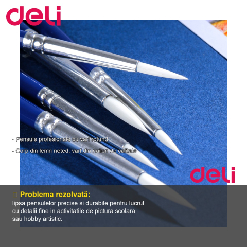 Set 6 pensule profesionale Deli, varf rotund nr. 1, corp lemn, par nailon, pentru desen si pictura [1]