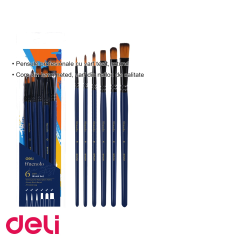 Set 6 pensule profesionale Deli, varfuri rotunde si tesite (4, 6, 8), corp din lemn, par nailon, pentru desen si pictura [2]