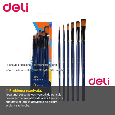 Set 6 pensule profesionale Deli, varfuri rotunde si tesite (4, 6, 8), corp din lemn, par nailon, pentru desen si pictura [1]