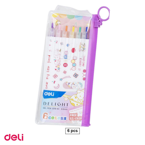 Pixuri - Set 6 pixuri cu gel Deli Delight, cu mecanism, varf 0.5 mm, culori diverse