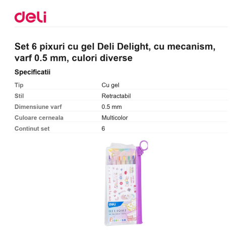 Set 6 pixuri cu gel Deli Delight, cu mecanism, varf 0.5 mm, culori diverse [2]