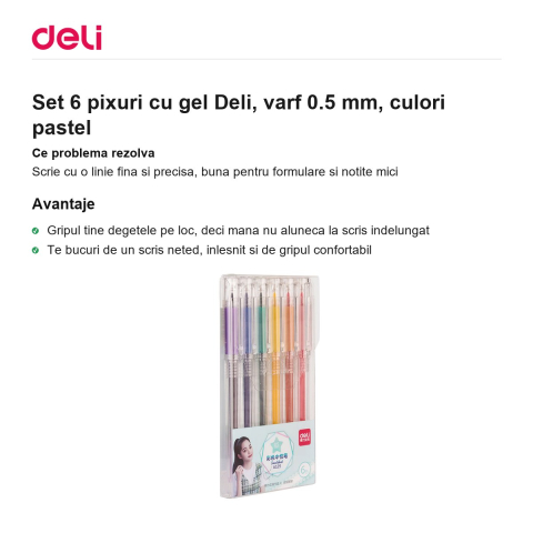 Set 6 pixuri cu gel Deli, varf 0.5 mm, culori pastel [1]