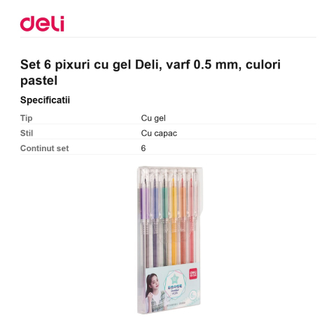 Set 6 pixuri cu gel Deli, varf 0.5 mm, culori pastel [2]