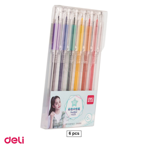 Birotica papetarie - Set 6 pixuri cu gel Deli, varf 0.5 mm, culori pastel