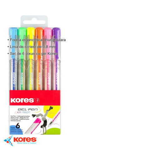 Set 6 pixuri cu gel Kores K11, culori neon, varf 0.4mm, forma ergonomica triunghiulara [2]