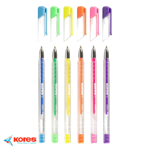 Set 6 pixuri cu gel Kores K11, culori neon, varf 0.4mm, forma ergonomica triunghiulara [3]