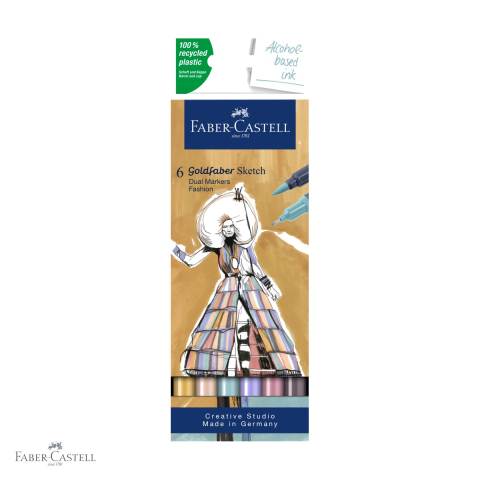 Markere si instrumente de desen artistic - Set 6 sketch markere Faber-Castell Goldfaber, 2 capete (pensula + fineliner), culori fashion pentru desen si design