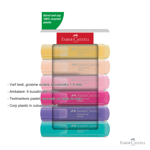 Set 6 textmarkere pastel Faber-Castell, varf tesit 1-5 mm, cerneala pe baza de apa [1]
