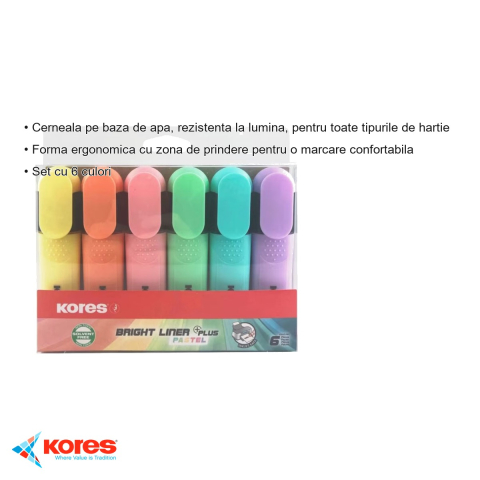 Set 6 textmarkere pastel Kores, cerneala pe baza de apa, forma ergonomica, pentru evidentiere texte [2]