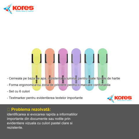 Set 6 textmarkere pastel Kores, cerneala pe baza de apa, forma ergonomica, pentru evidentiere texte [1]