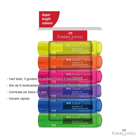Set 6 textmarkere superfluorescente Faber-Castell, varf tesit, cerneala pe baza de apa, pentru evidentiat text [1]