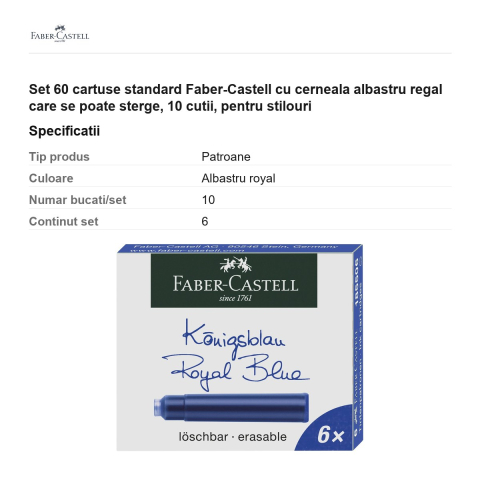Set 60 cartuse standard Faber-Castell cu cerneala albastru regal care se poate sterge, 10 cutii, pentru stilouri [2]