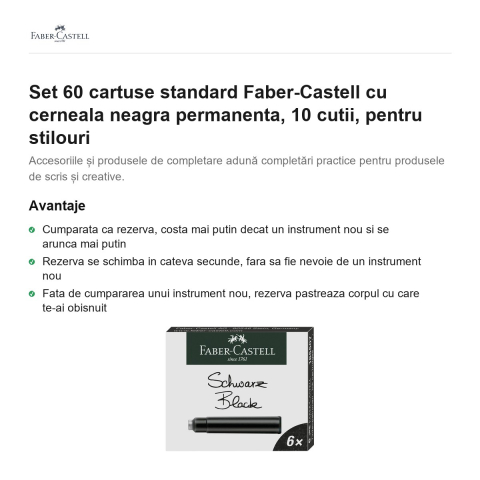 Set 60 cartuse standard Faber-Castell cu cerneala neagra permanenta, 10 cutii, pentru stilouri [1]