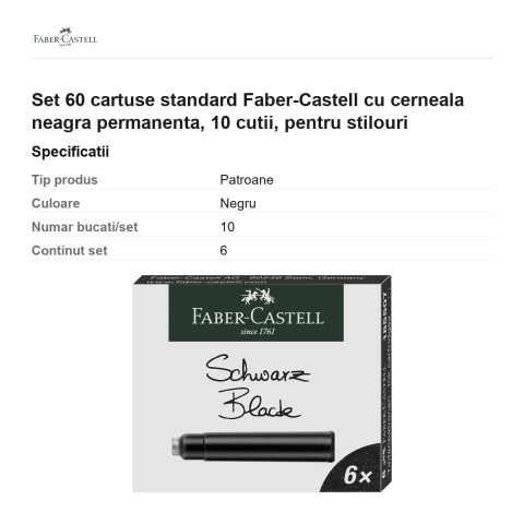 Set 60 cartuse standard Faber-Castell cu cerneala neagra permanenta, 10 cutii, pentru stilouri [2]
