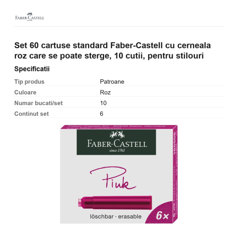 Set 60 cartuse standard Faber-Castell cu cerneala roz care se poate sterge, 10 cutii, pentru stilouri [2]