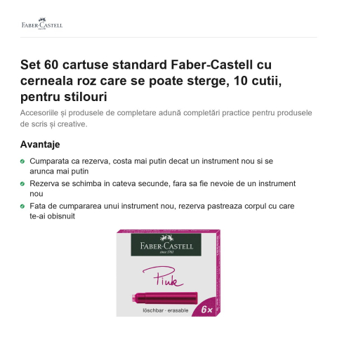 Set 60 cartuse standard Faber-Castell cu cerneala roz care se poate sterge, 10 cutii, pentru stilouri [1]