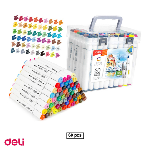 Handmade Creativ si Hobby - Set 60 markere pentru schite Deli Color Emotion, varf dublu rotund 1 mm si tesit 7 mm, in cutie de plastic