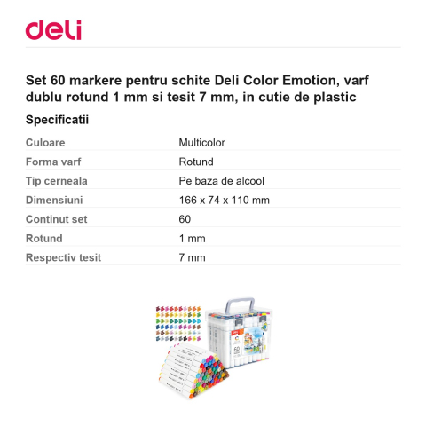 Set 60 markere pentru schite Deli Color Emotion, varf dublu rotund 1 mm si tesit 7 mm, in cutie de plastic [2]